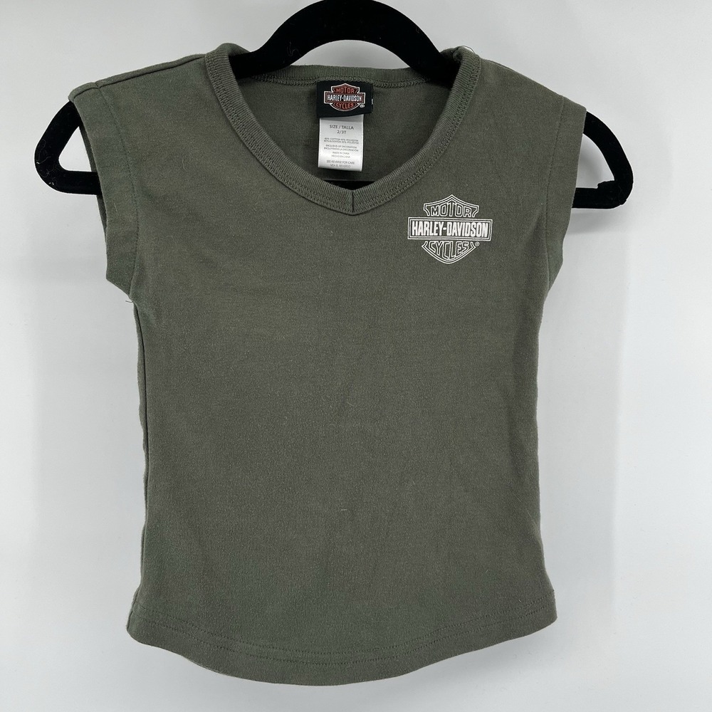 Harley Davidson Toddler Girl Size 2T/3T  T-Shirt Graphic Green Cap Sleeve Logo